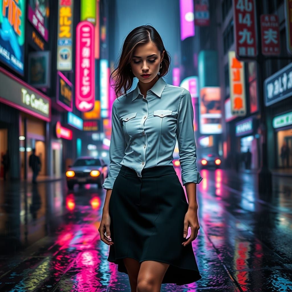 Woman Contemplates Dystopian Cityscape in Cyberpunk Style