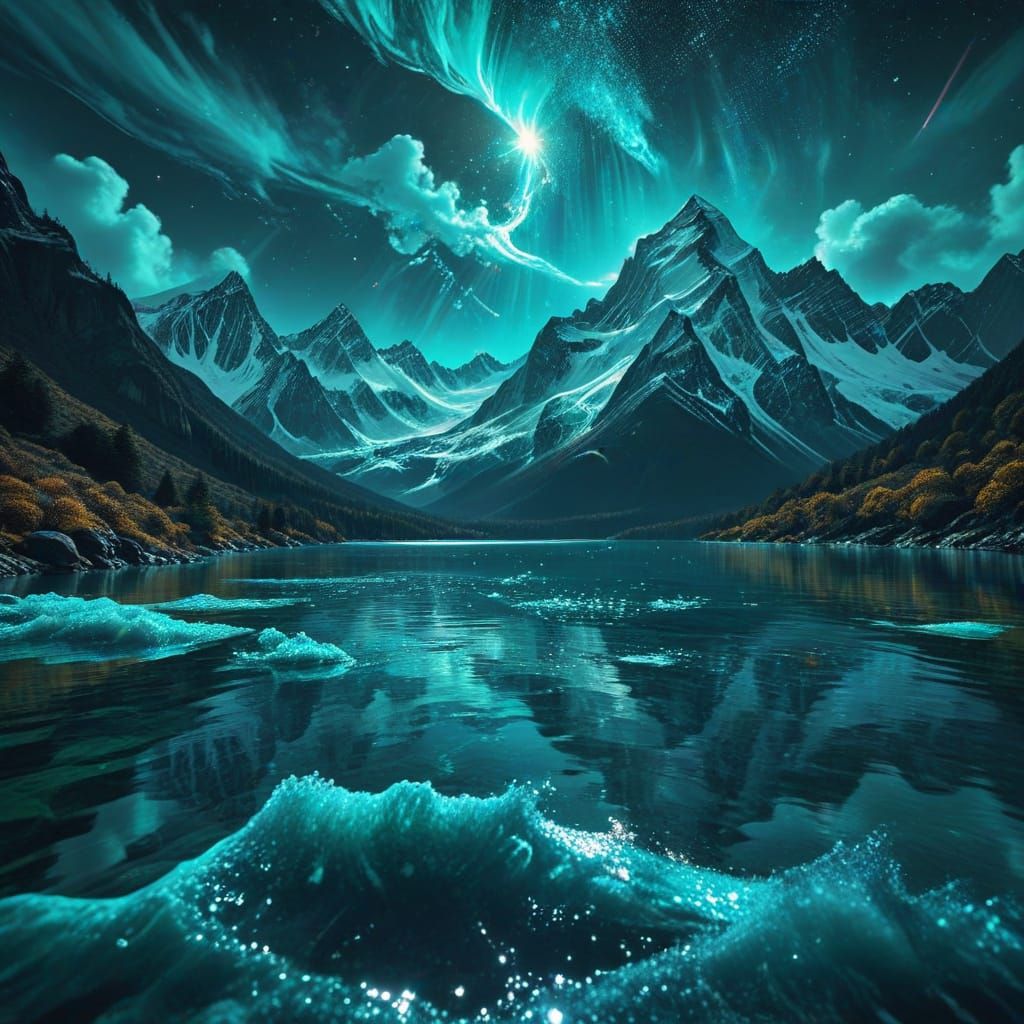 Turquoise Lake Under Stormy Skies with Snowcapped Mountains