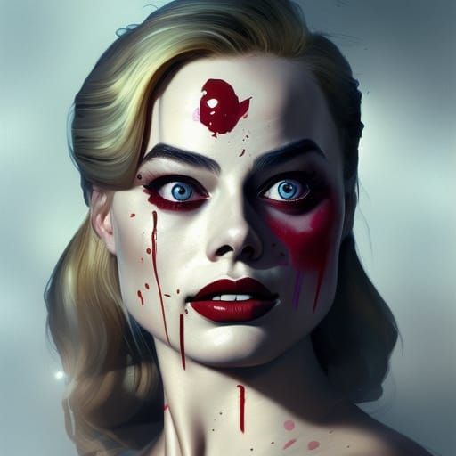 Harley Quinn Blood Splatter Portrait in Splash Art Style