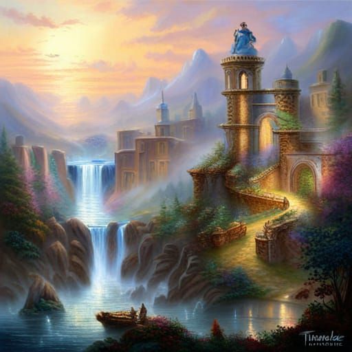 Ethereal Gladiator in Misty Fantasy Landscape