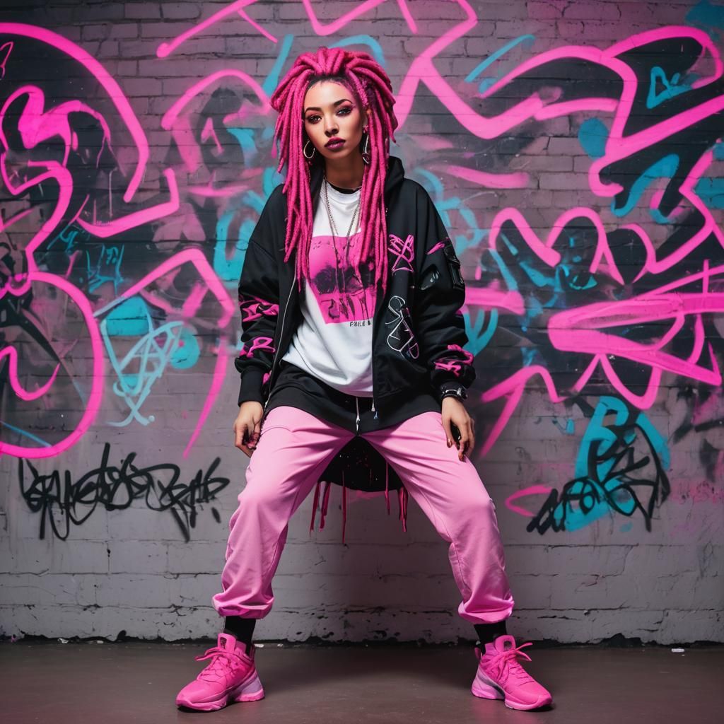 Neon Dreads Girl in Synthwave Hip Hop Studio