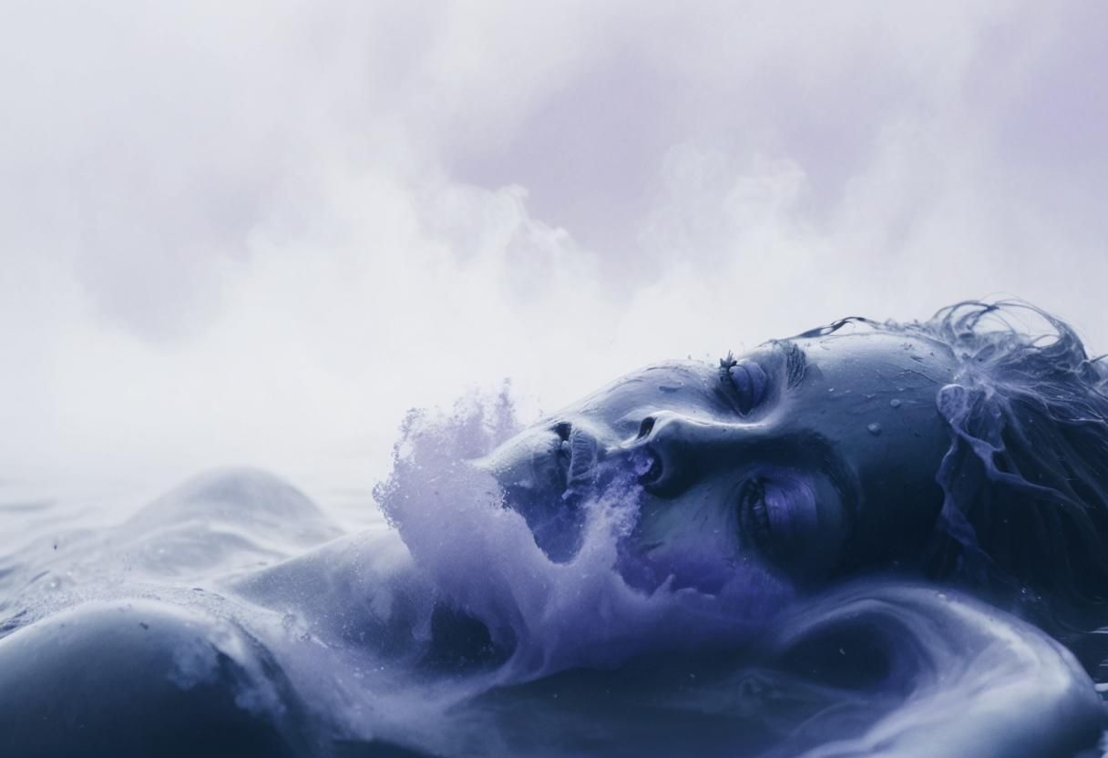Drowning Woman in Black Paint with Purple Mist
