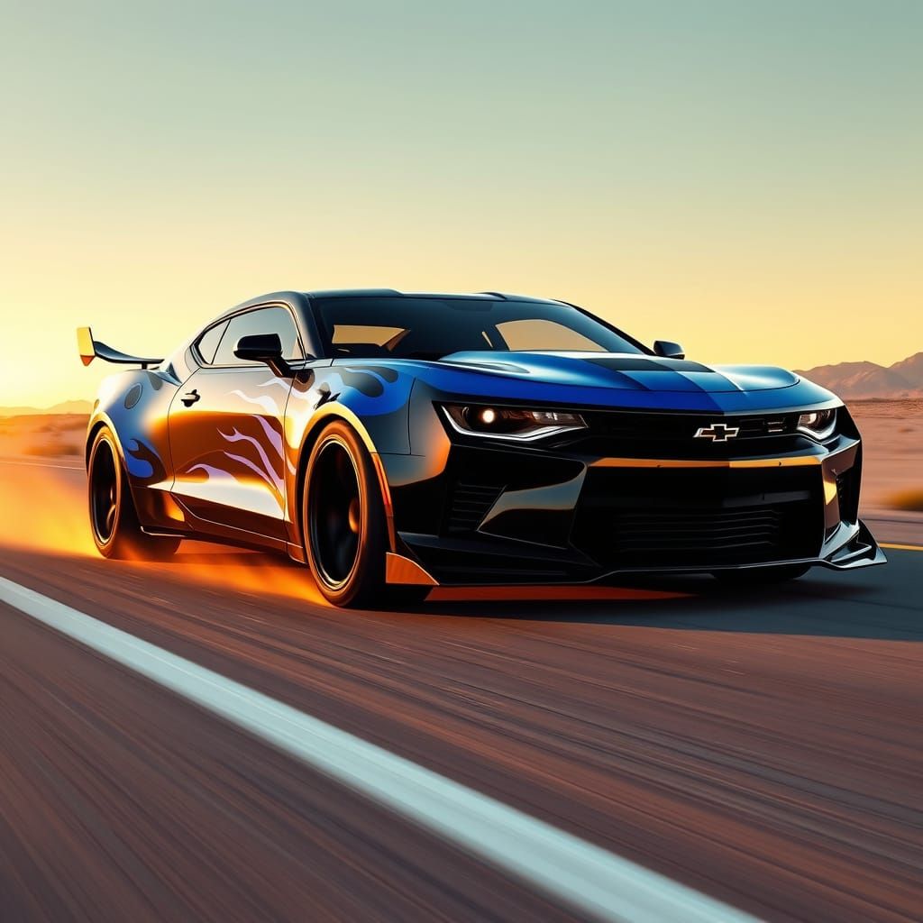 2025 Camaro with Flame Decals, Hyper-Realistic Rendering