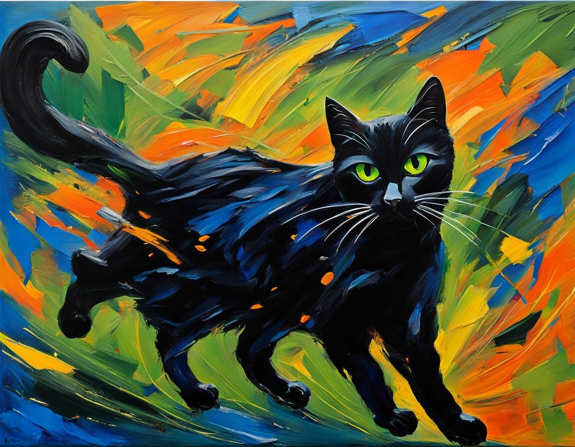 Black Cat Mid-Pounce: An Expressionist Painting