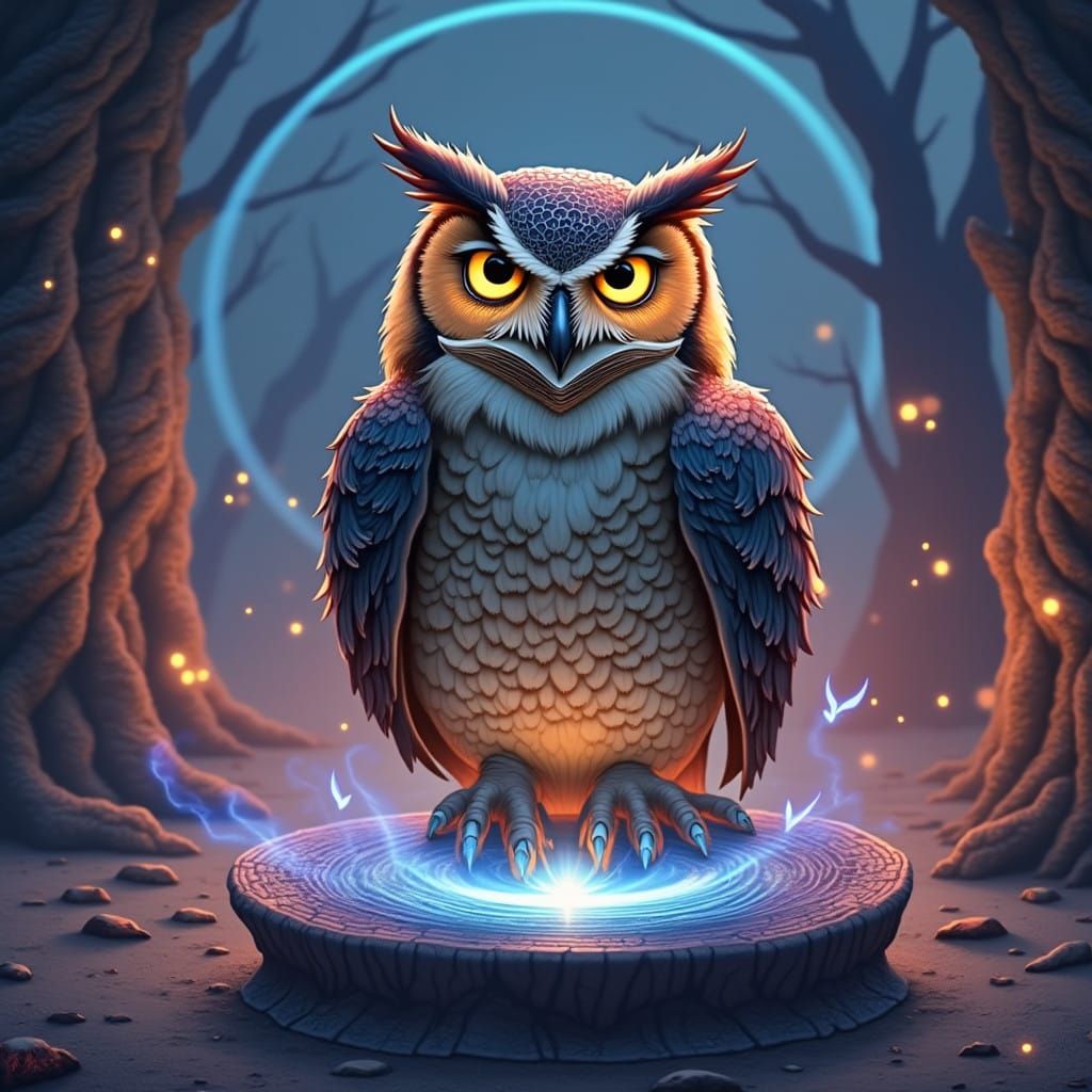 Mystical Owl Goddess with Swirling Feathers in Moonlit Grey