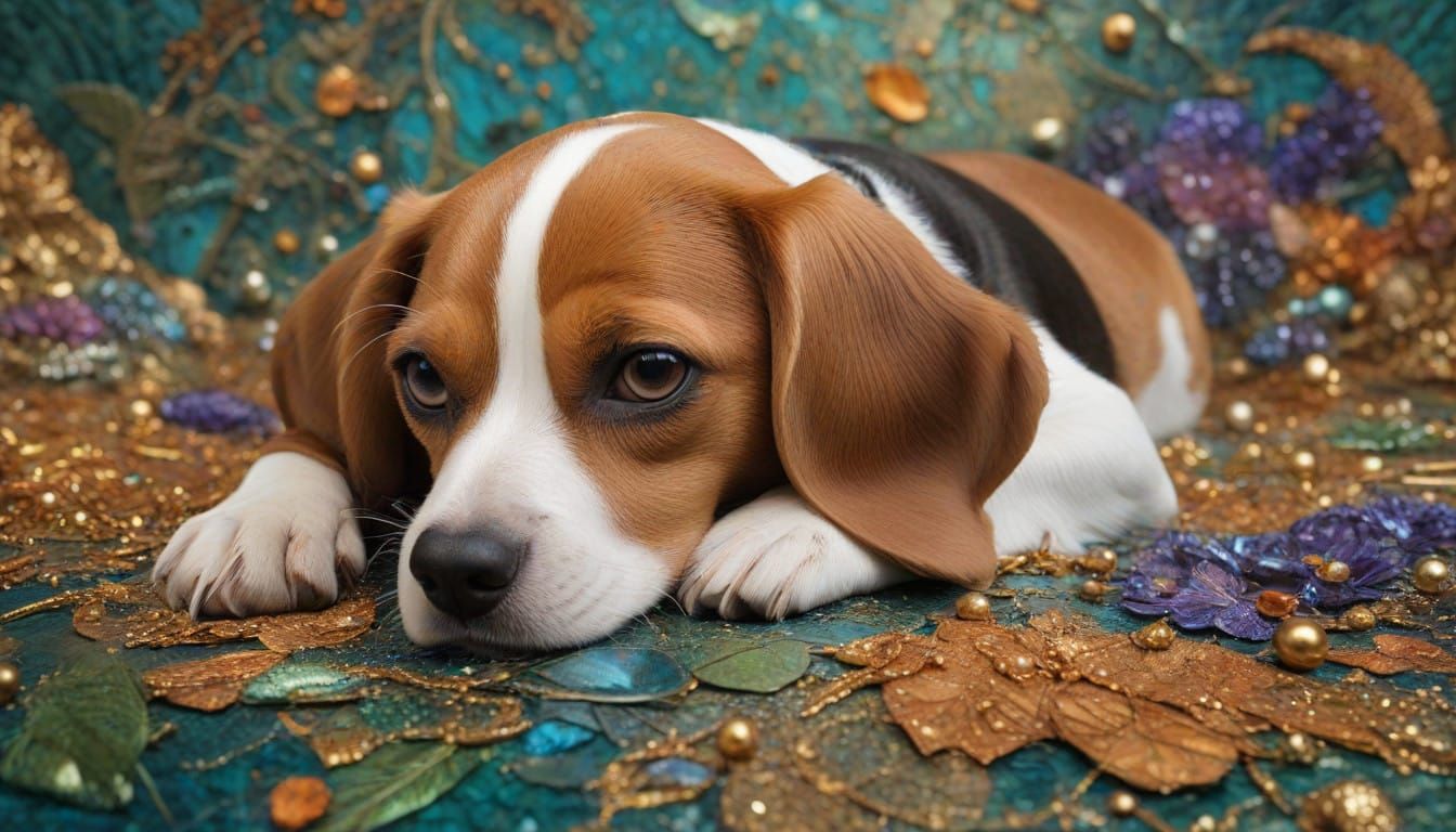 Beagle in Whimsical Gustav Klimt-Inspired Scene