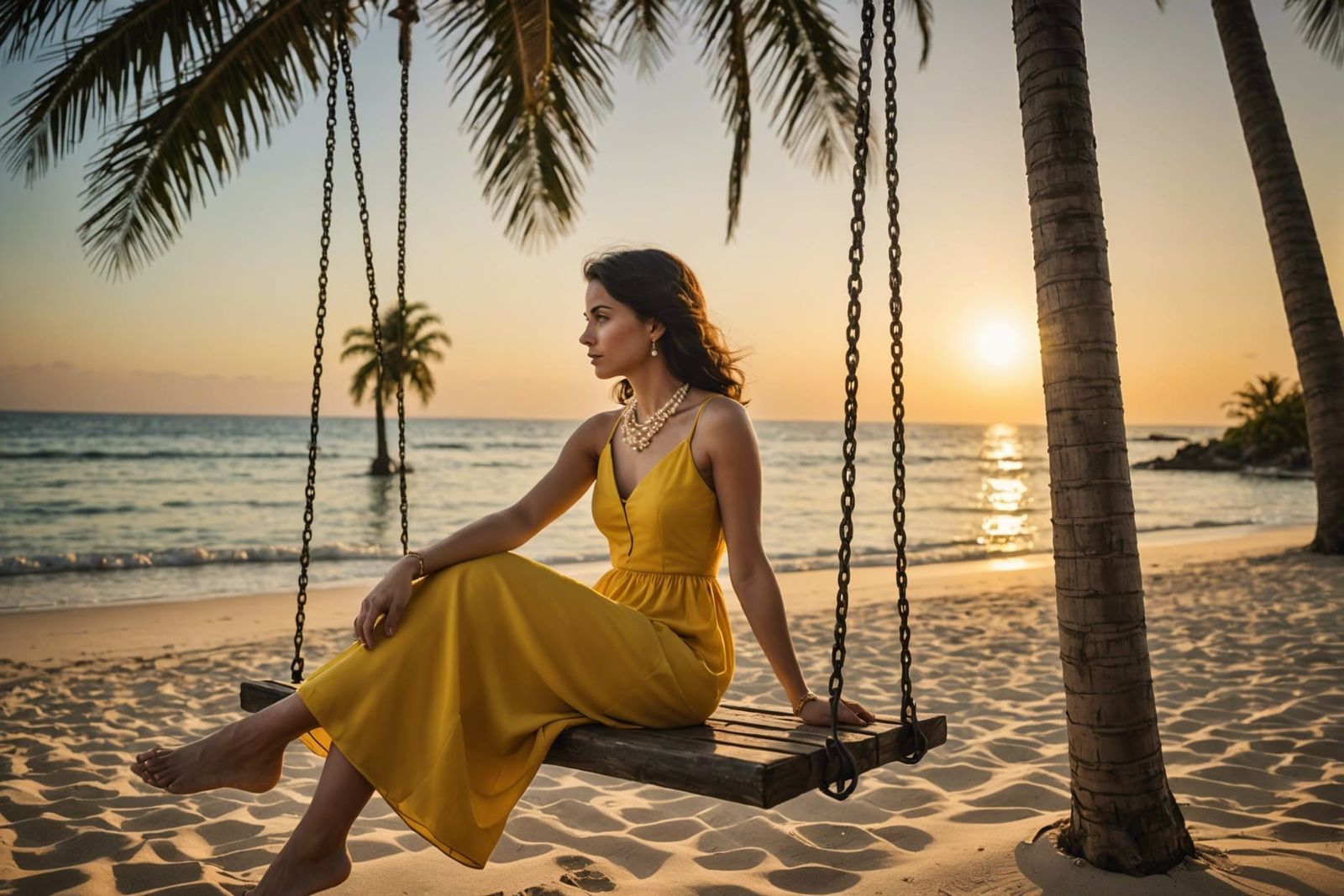 barefoot pale girl with black hair, pearl necklace and deep yellow light dress sits on a swing under a palm tree on a sa...