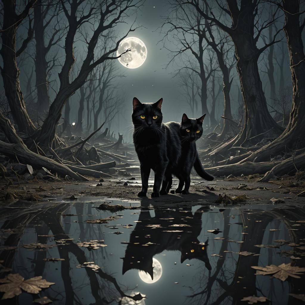 Black Cat Crossing Before Full Moon in Dark Fantasy Style