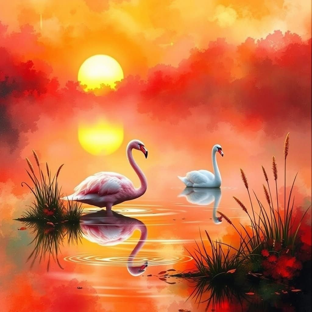 Sunset Flamingo and Swan in Ethereal Alcohol Ink