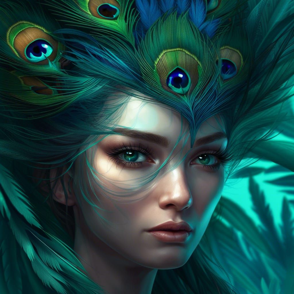 Teal Eye with Peacock Feathers in Hyperdetailed Style