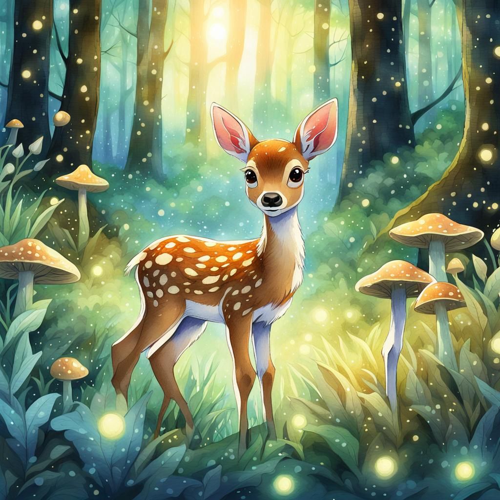 Anime Fawn in Sunlit Forest with Fireflies