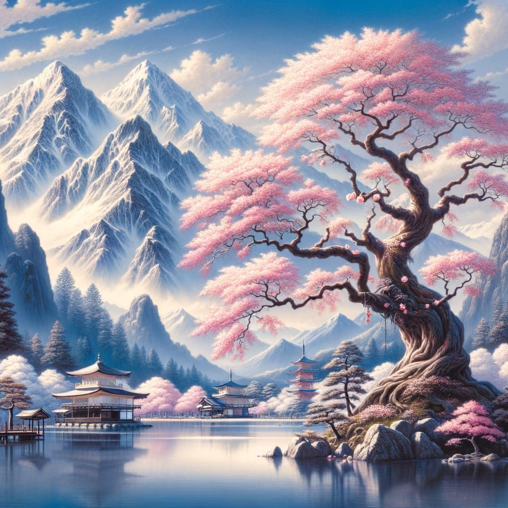 Ancient Sakura Tree Reflects in Serene Japanese Lake Landsca...