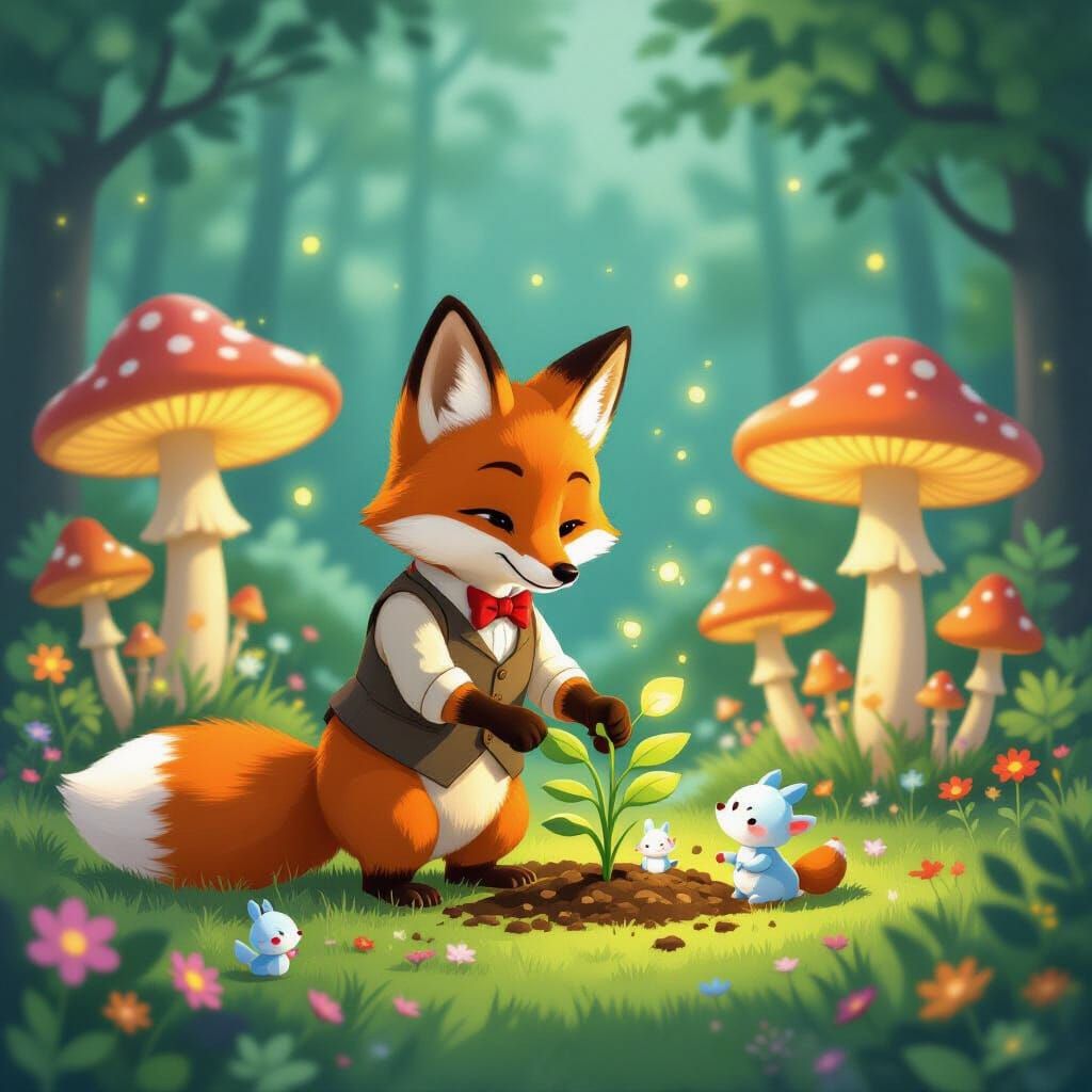 Whimsical Fox Gardener Tending Magical Glowing Garden