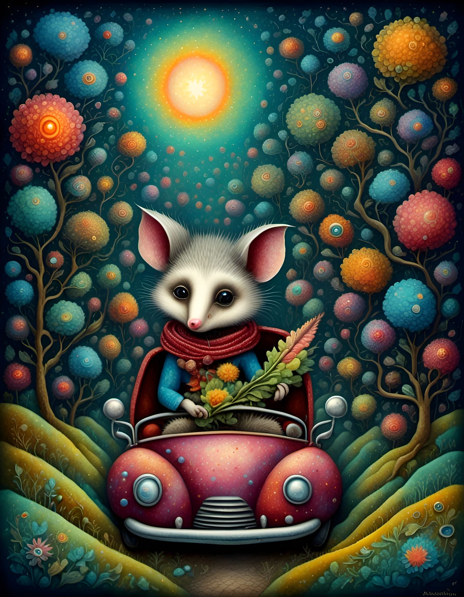 Adorable Possum Convertible Ride in Surreal Style