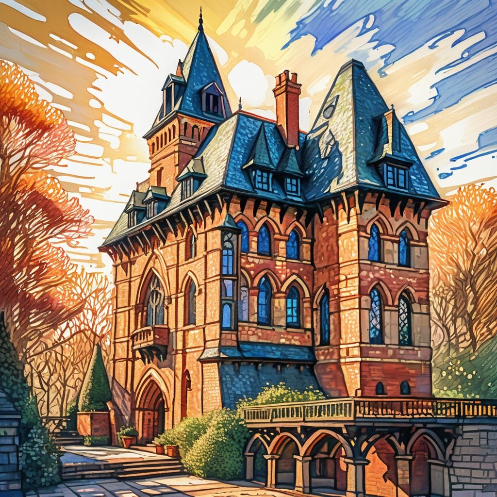 Impressionist Brick Tower with Arched Windows