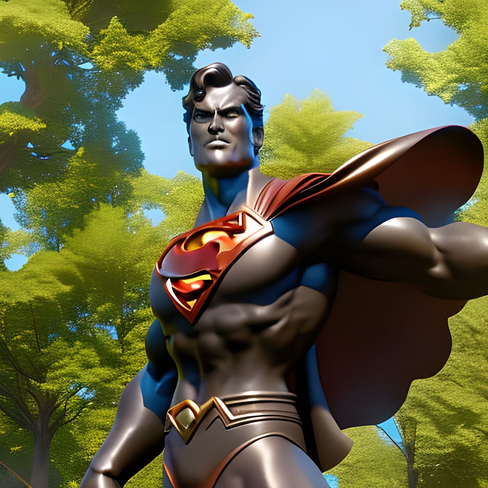 Bronze Superman Sculpture in Park: Digital Art