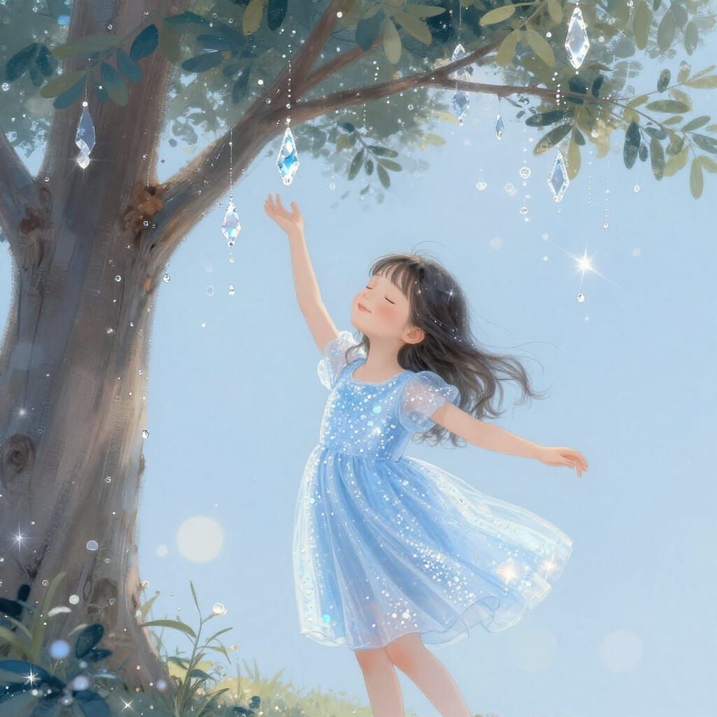 Girl in Ethereal Digital Painting Under Crystal Tree