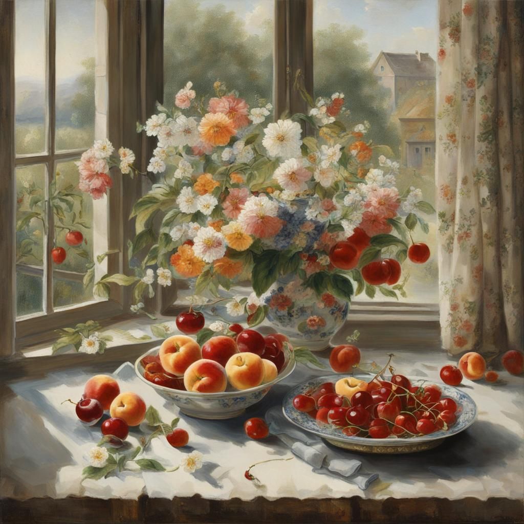 cherries, flowers, apples, peaches and apricots
