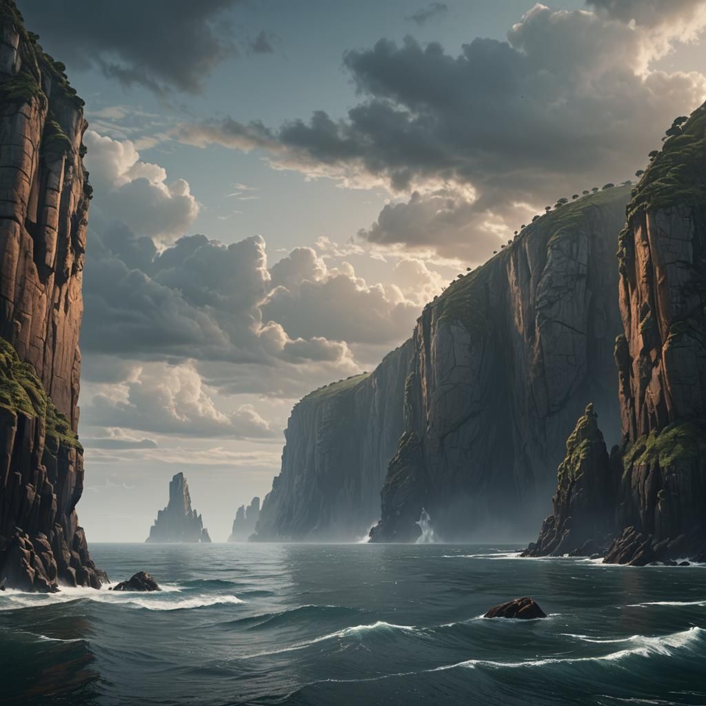 Dramatic Seascape with Towering Cliffs, Matte Painting