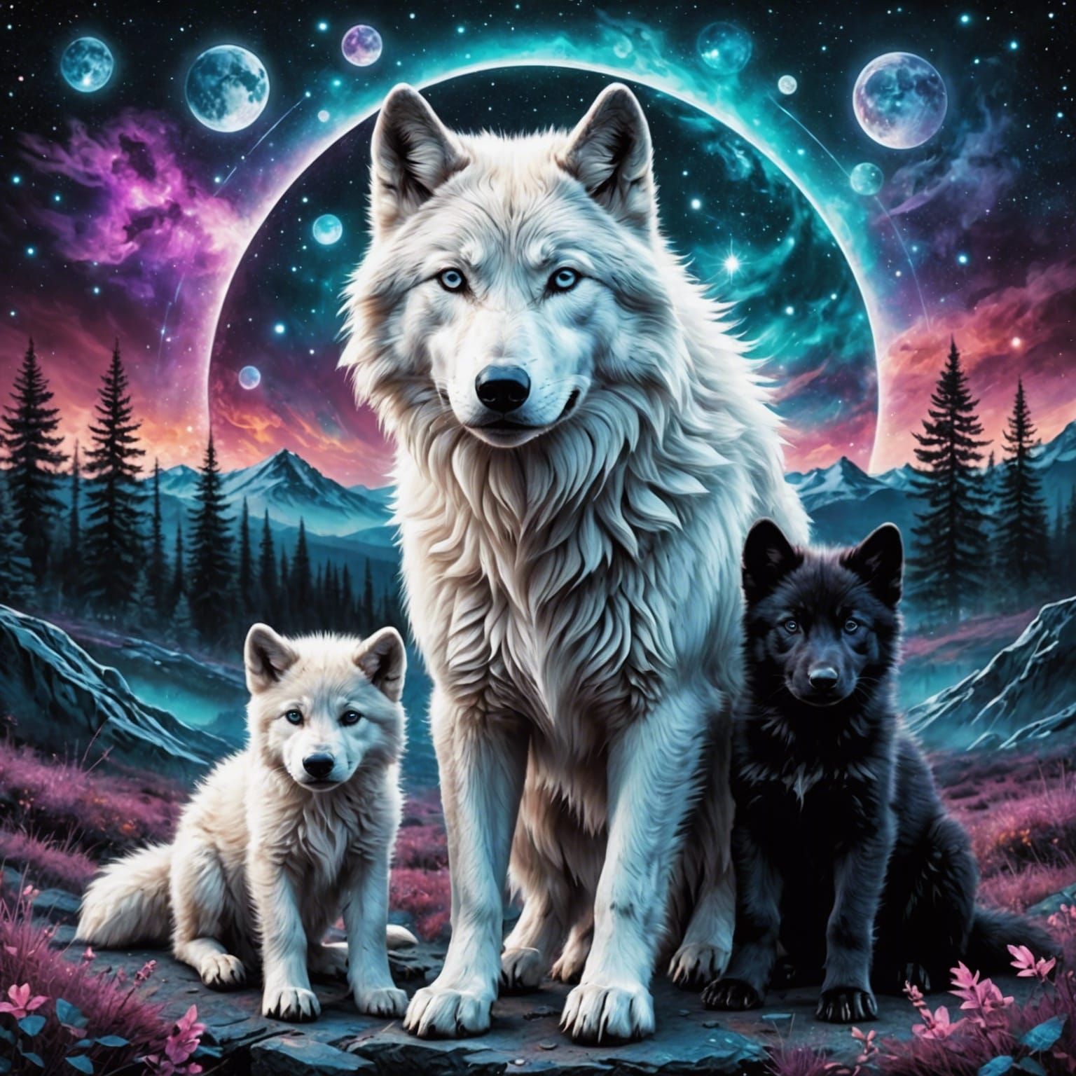 White Wolf with Black Puppies in Astral Illustration