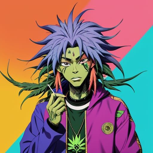 Stoner Alien Character Holding Blunt in Anime Style
