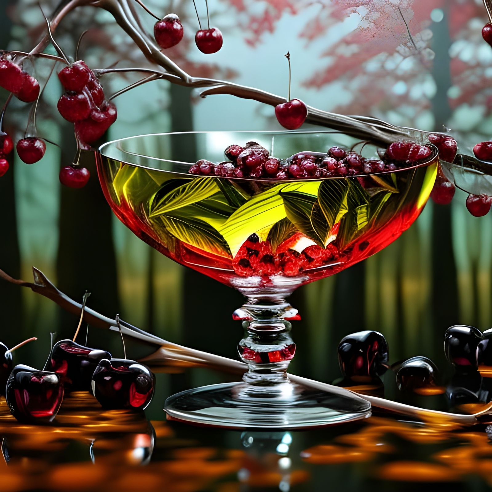 Red & Black Cherries in a Petal Glass