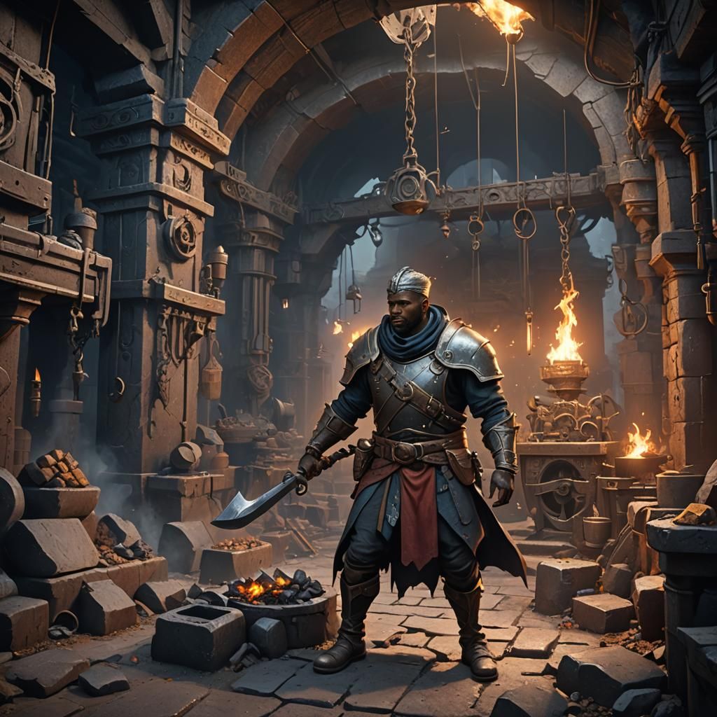 Underground Blacksmith in Detailed Matte Painting Style