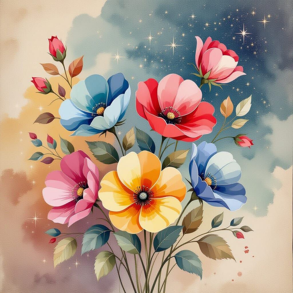 Colorful Flowers in Modern Realistic Ink Painting
