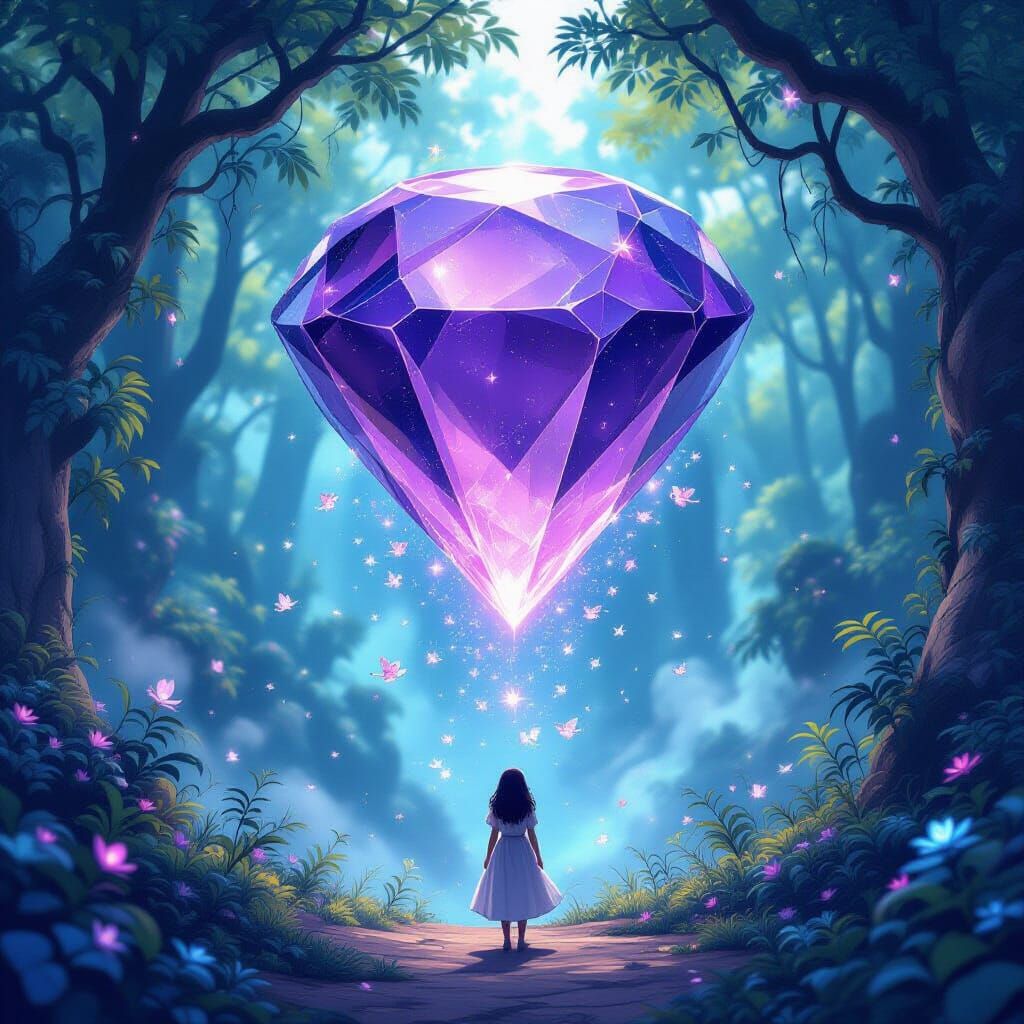 Floating Amethyst Gem in Bioluminescent Forest