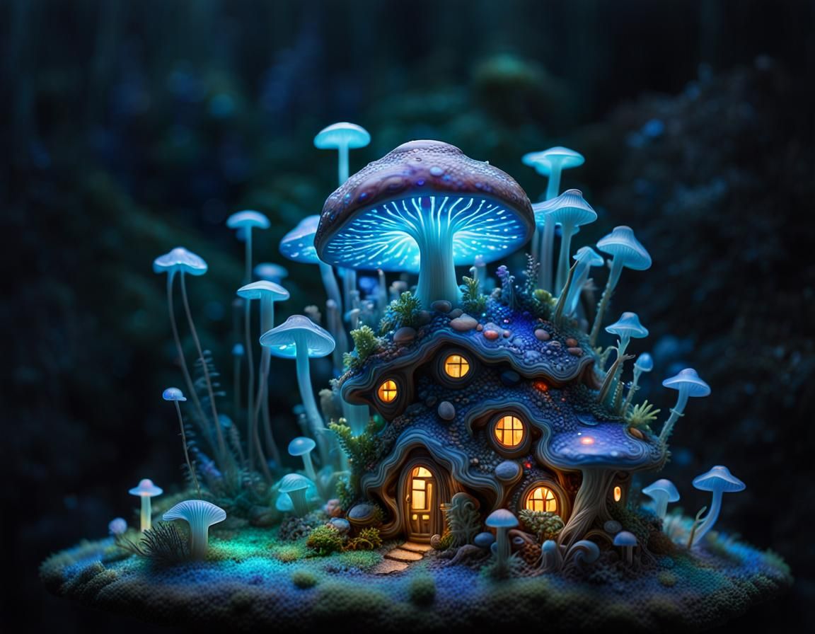 Bioluminescent Mushroom Home in a Dreamscape, Macro Photogra...