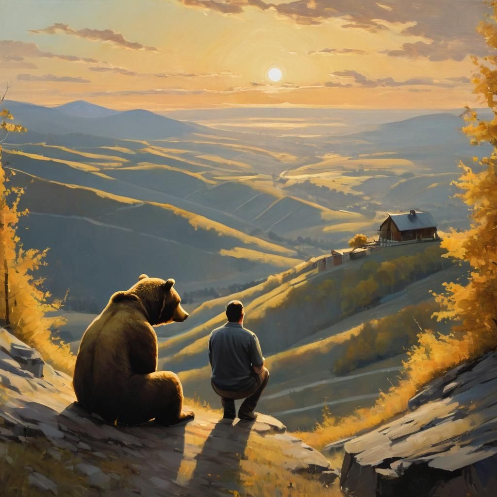 Man and Bear Admiring Mountain Sunset, Impressionism