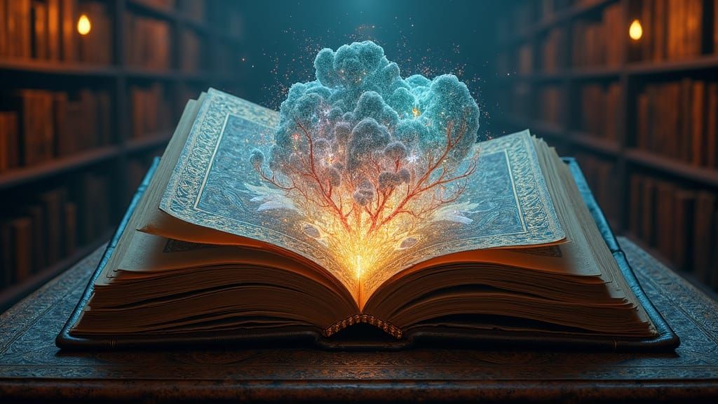 Ancient Tome Radiates Mystique in Dimly Lit Library