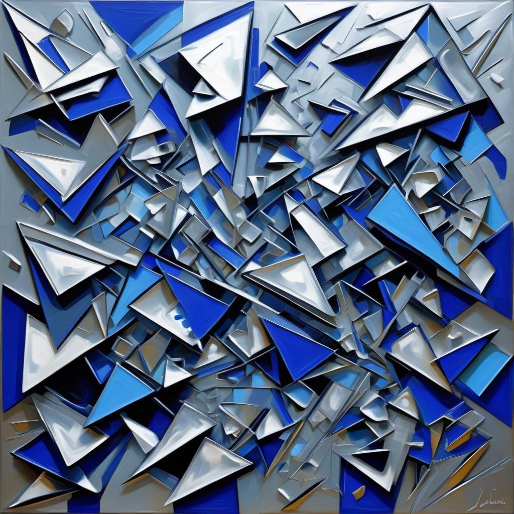 Lush Silver Cobalt Abstract Surrealism in Impasto Style
