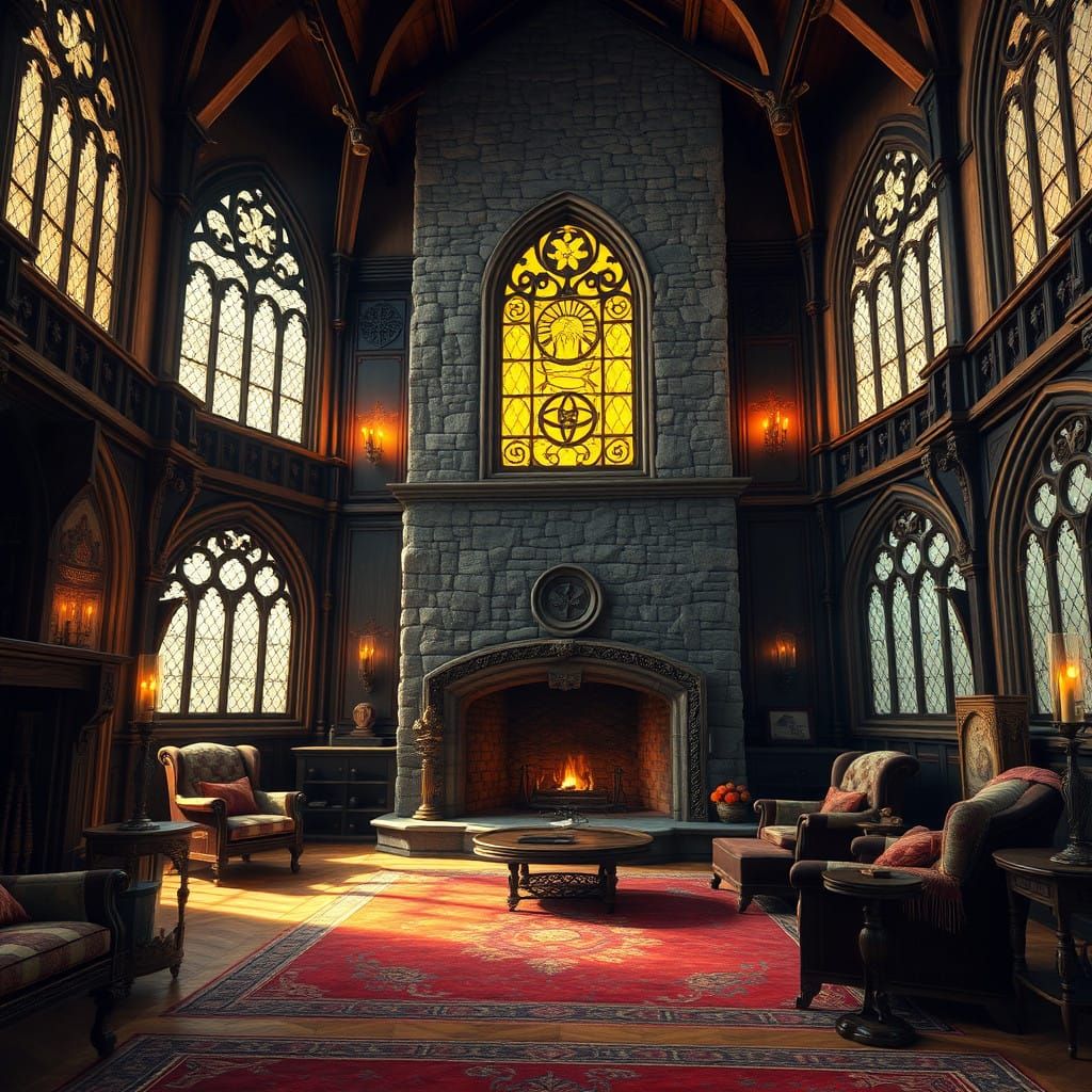 Majestic Tudor-Style Great Room with Stone Fireplace and Lea...