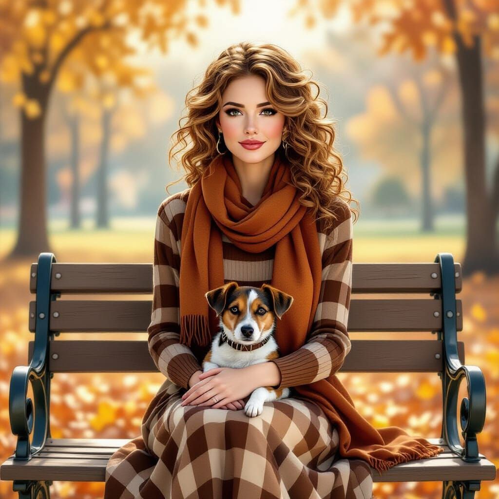 Woman and Dog in Autumn Park Airbrushed Watercolor