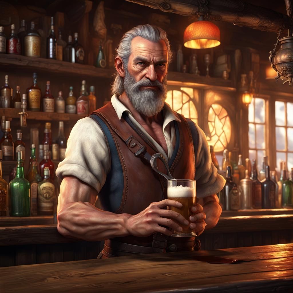 Tavern Bartender with Greatsword: Detailed Matte Painting