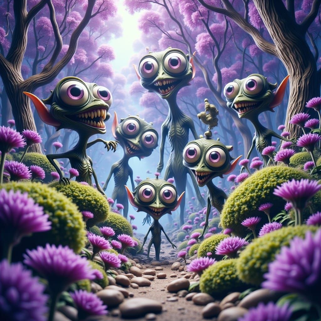 Green Aliens in Purple Forest