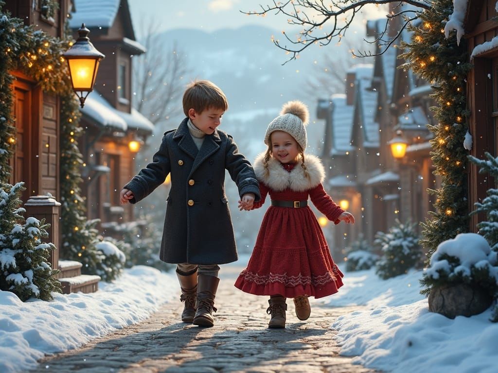 Joyful Nordic Children Dancing in Snowy Village Street