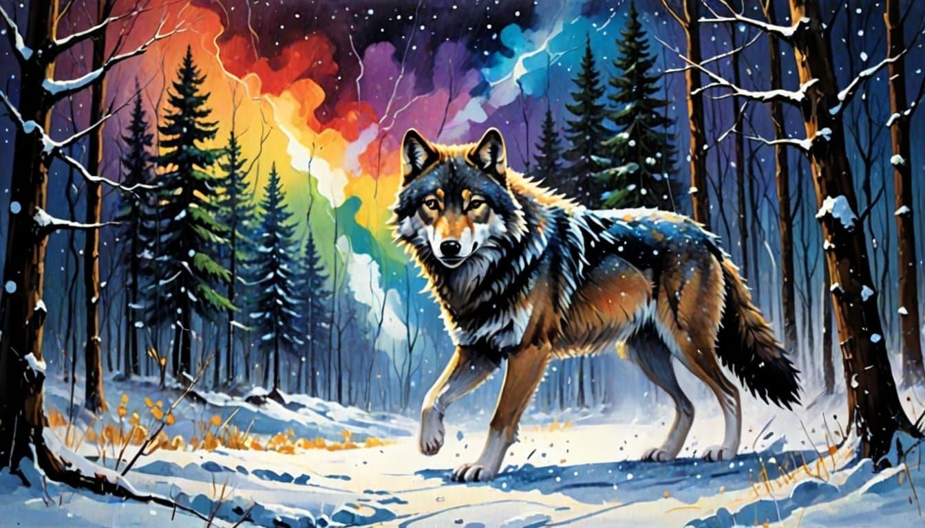 Wolf Under Rainbow Thunder Snow Moonlight Acrylic Painting