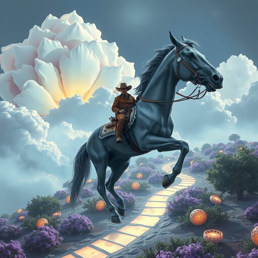Cowboy Rides Robot Horse Among Bioluminescent Clouds