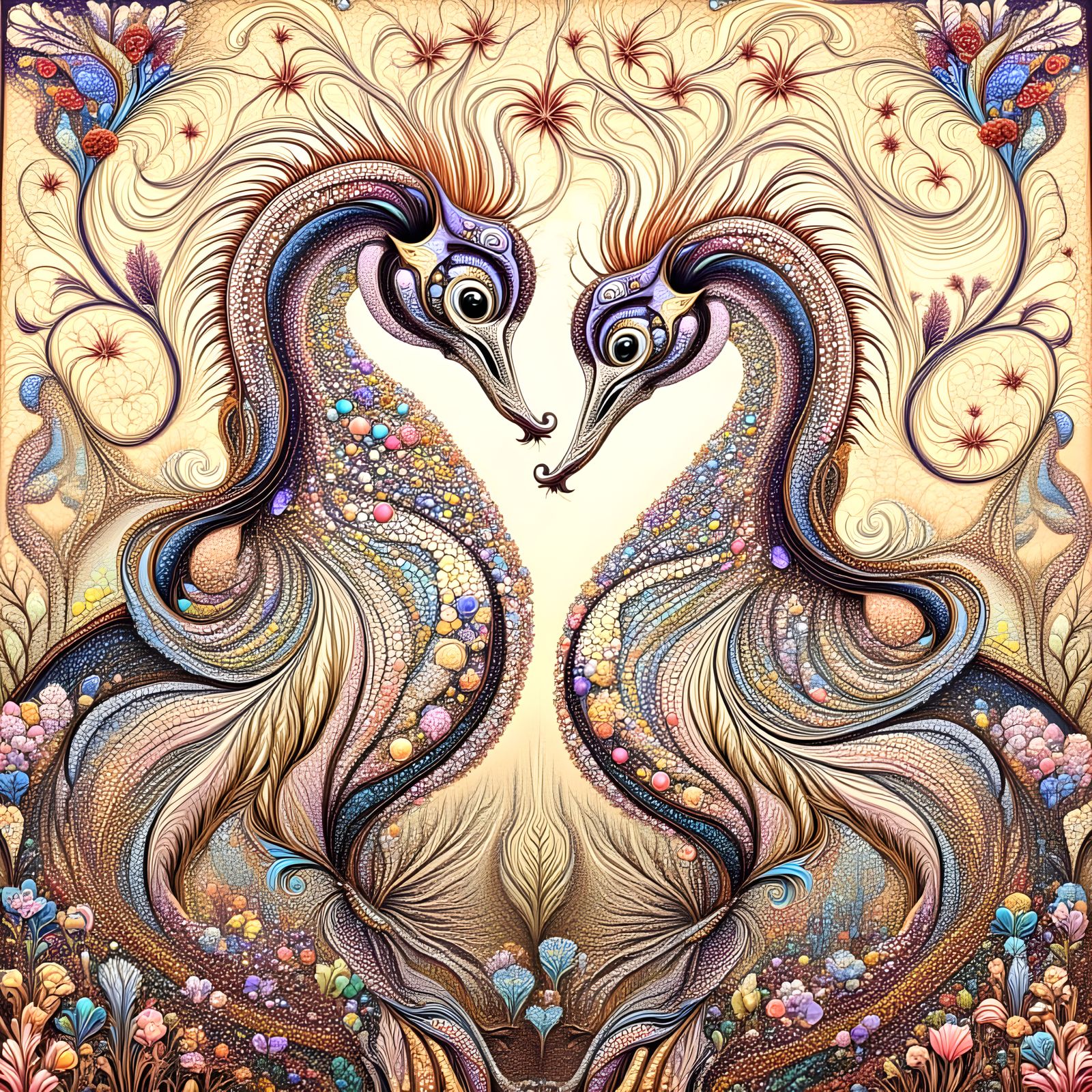 Intricate Seahorse Mother and Baby in Flowing Dress