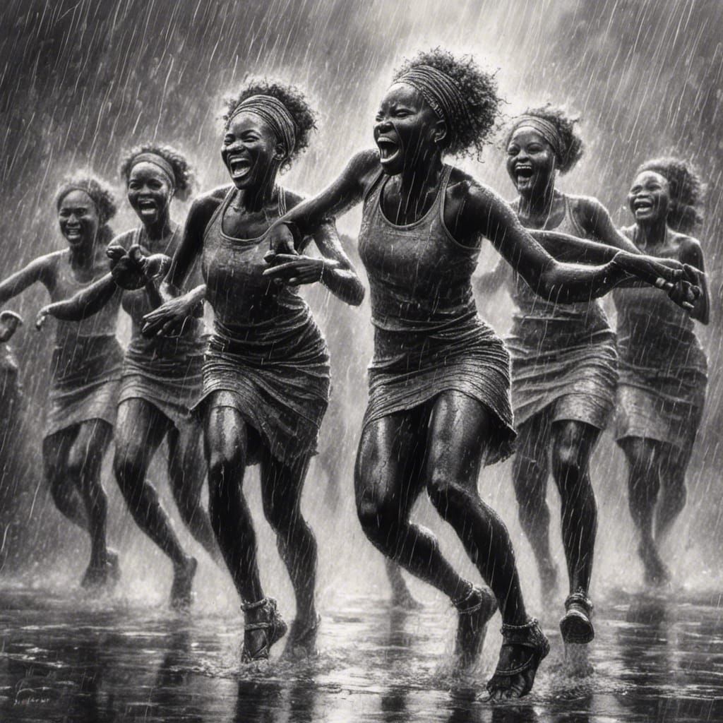 African Women Dancing in the Rain: Charcoal Drawing