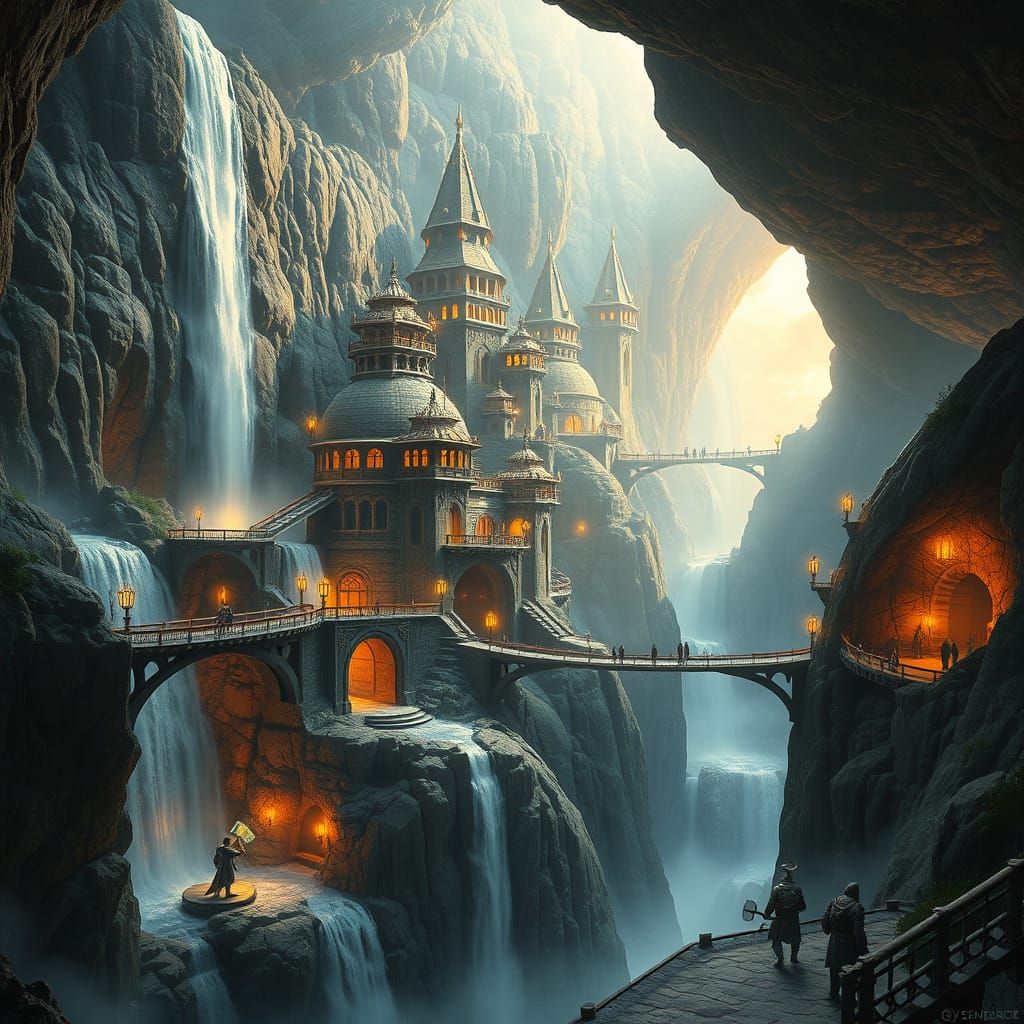 Majestic Dwarven City Waterfall Artstation Concept
