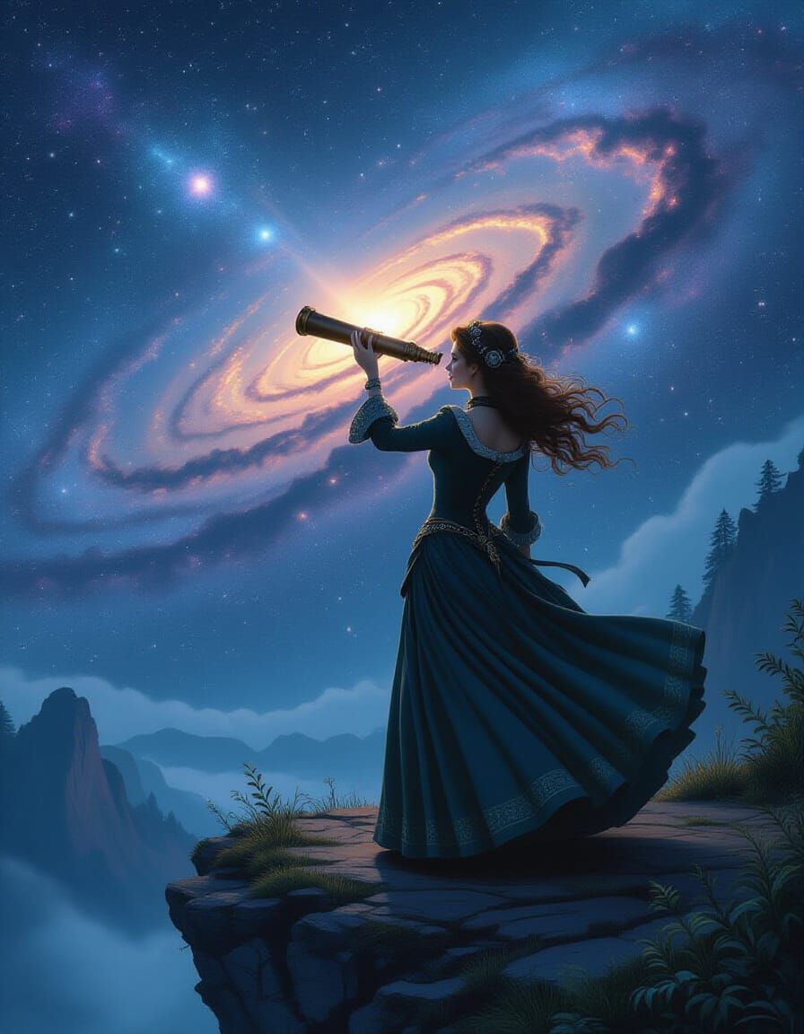 Steampunk Woman Gazing at Starry Nebula