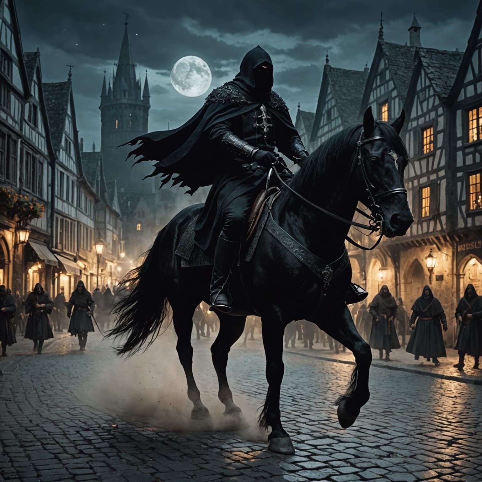 Necromancer on Horseback in Medieval City