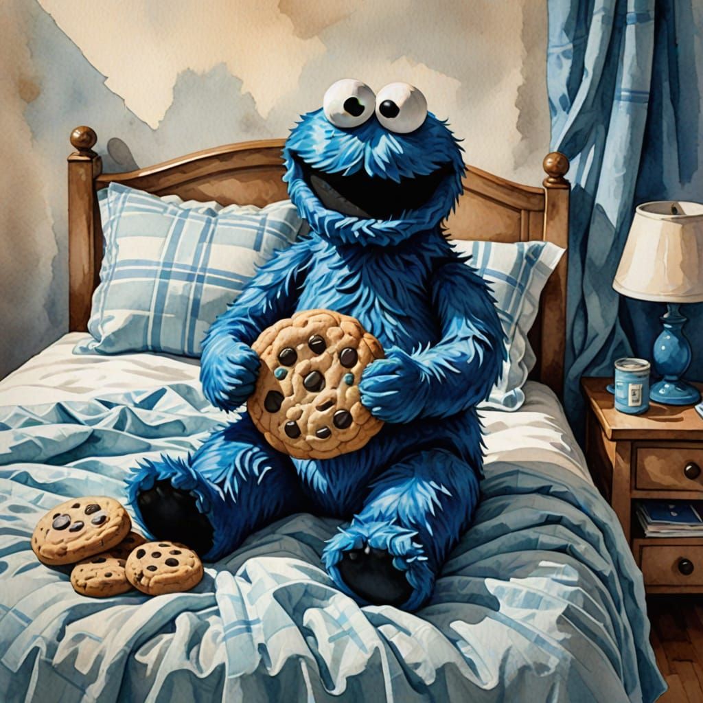 Cookie Monster Stuffed Toy in Watercolor Style
