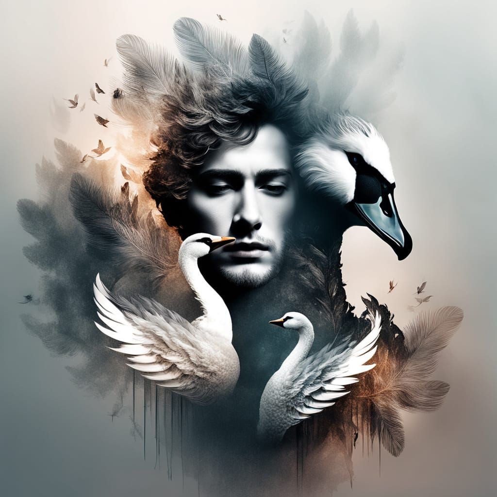 Ethereal Swan Double Exposure Portrait on White Background