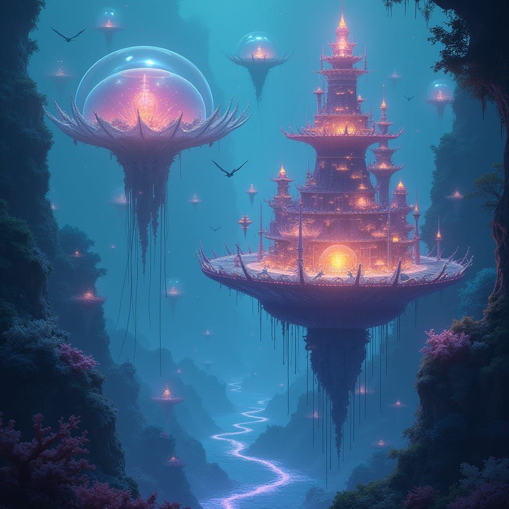 Bioluminescent Jellyfish City Drifting in Alien Ocean