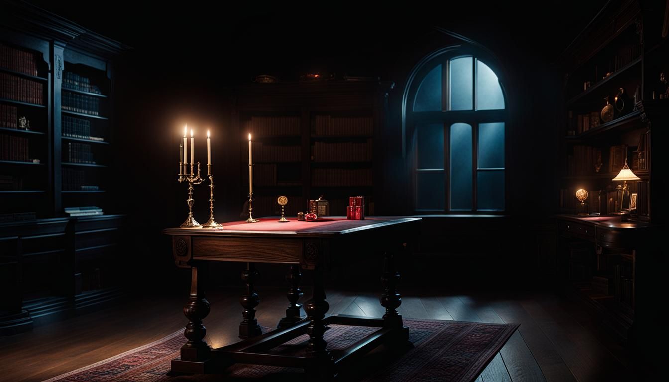 Dim Study with Magic Props and Playing Cards