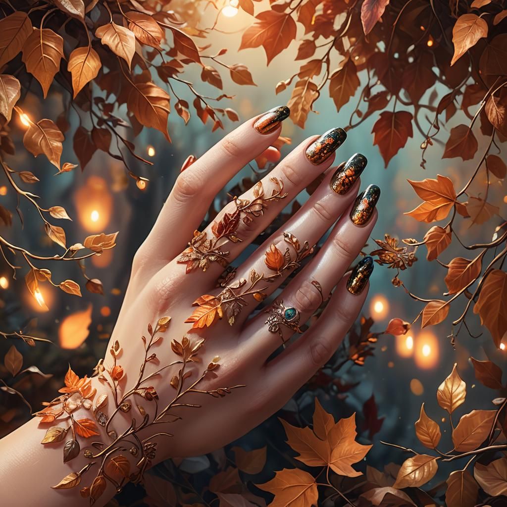 Glowing Fall Nails Fantasy Art in Autumnal Colors